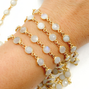 White Moonstone Round Shape Bezel Gold Plated Wire Chain